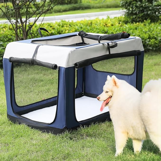 MoNiBloom 41 Inch Dog Crate for Large Dogs, 3-Door Collapsible Dog Crate Foldable Pet Kennel with Durable Mesh Windows for Indoor Outdoor Used