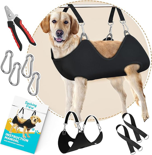 Dog Grooming Hammock – Sturdy & Safe Dog Hammock for Grooming with Durable Carabiner Clips & Straps – Soft, Comforting Dog Grooming Harness – Pet Grooming Hammock + Nail Trimmer for Large Dogs