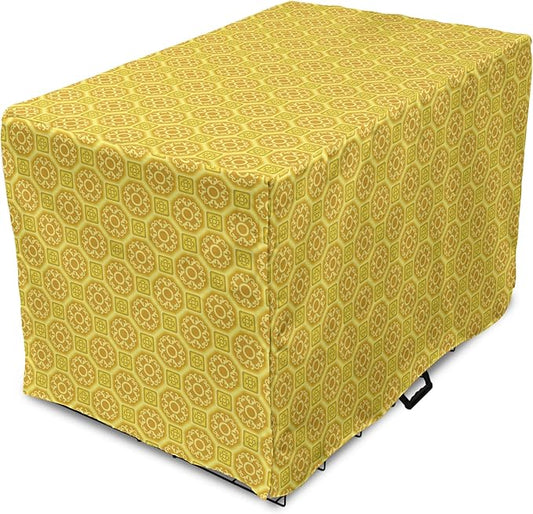 Lunarable Mustard Dog Crate Cover, Exotic Ornate Style Baroque Inspired Tiles Portuguese Culture Design Print, Easy to Use Pet Kennel Cover for Medium Large Dogs, 42 Inch, Earth Yellow