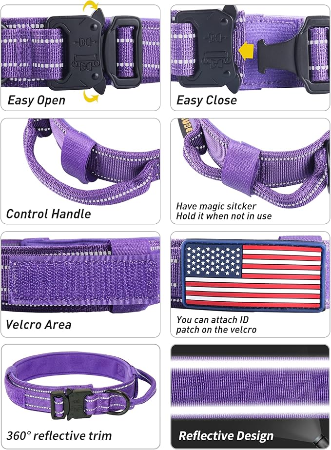 AUBELL Reflective Dog Collar, Tactical Dog Collar Adjustable Military Collar Nylon K9 Collars with Control Handle and Heavy Duty Metal Buckle for Small Medium Large Dogs, with 2 Patches (Purple, XL)