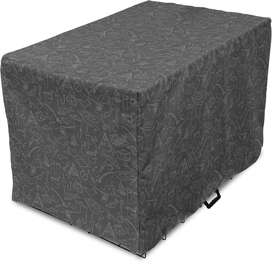 Ambesonne Fishing Theme Dog Crate Cover, Monochrome Illustration with Hand Drawing Angling and Camping Objects, Easy to Use Pet Kennel Cover for Cats & Medium Dogs, 30 Inch, White and Grey