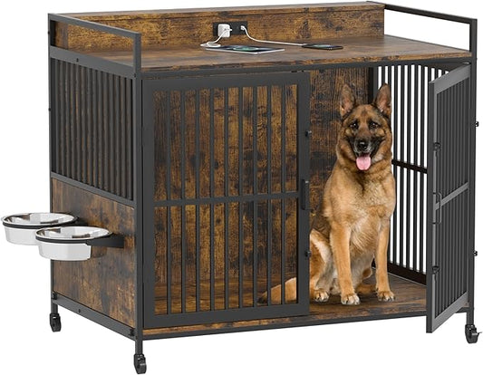 Piskyet 48" Large Dog Crate Furniture, Indoor Dog Kennel Furniture with 4 in 1 Charge Station, Heavy Duty Dog Crate Table with 360°Raised&Rotatable Feeder, Double Door Kennel with Wheels,Rustic Brown