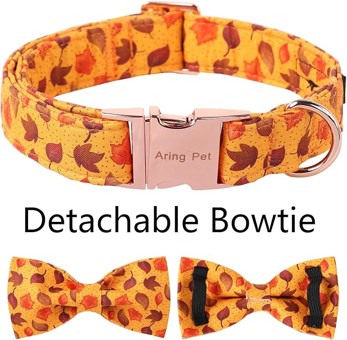 ARING PET Fall Dog Collar-Cotton Maple Leaves Dog Collar with Bow, Adjustable Autumn Bowtie Dog Collars Pet Necklace with Metal Buckle for Girl&Boy Dogs