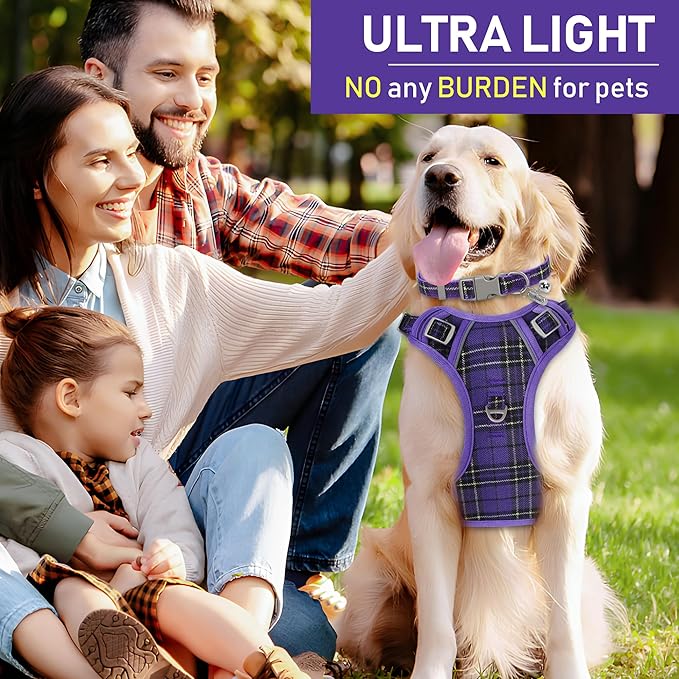 GAMUDA Dog Harness Collar and Leash Set, Dog Harness, No Chock No Pull Adjustable Vest Harnesses Plaid Reflective for Medium Dog, Cat, Small Horse, Small Bull and Pig (Purple, XL)