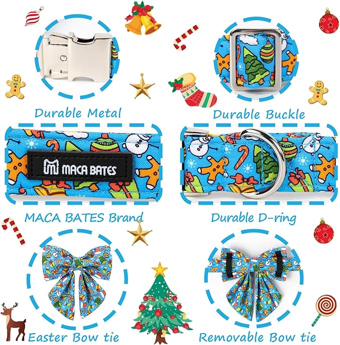 Maca Bates Christmas Dog Collar with Bow Bowtie for Dogs Sailor Bow Tie Adjustable Breakaway Blue Collars Accessories Gift for Small Medium Large XL Puppy with Golden Metal Buckle