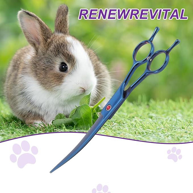 Dog Grooming Scissors, with Ergonomic Handle, Pill Popper for Cats, Upper Bend Shears, Stainless Steel Curved Shears for Dogs Cats, Blue, 7.5inch