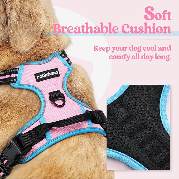 rabbitgoo Dog Harness, No-Pull Pet Harness with 2 Leash Clips, Adjustable Soft Padded Dog Vest, Reflective No-Choke Pet Oxford Vest with Easy Control Handle for Large Dogs, Pink & Blue, M