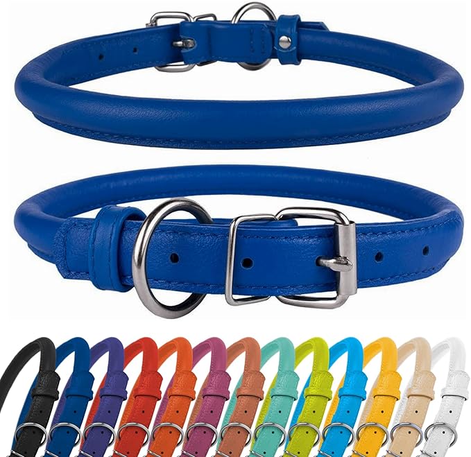 CollarDirect Rolled Leather Dog Collar, Soft Padded Round Puppy Collar, Handmade Genuine Leather Collar Dog Small Large Cat Collars 13 Colors (18-22 Inch, Deep Blue Textured)