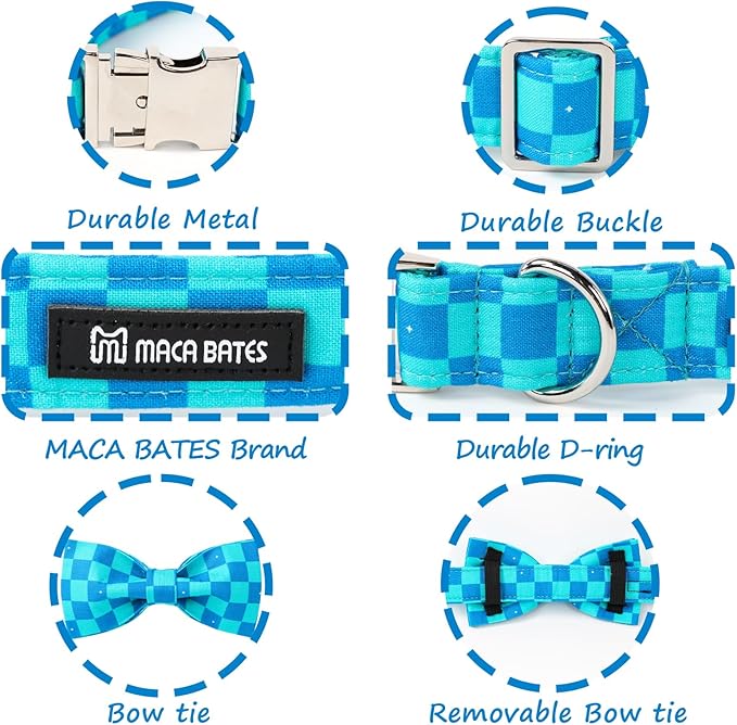 Maca Bates Plaid Blue Dog Collar with Checkered Bow Bowtie for Grid Dogs Bows Tie Adjustable Breakaway Collars Birthday Gift Colar for Small Medium Large XL Girl Boy Male Female Puppy Pets