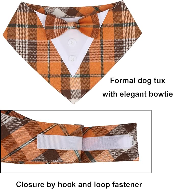 ADOGGYGO Fall Dog Tuxedo Bandana, Orange Plaid Pet Tux Collar with Bowtie, Adjustable Halloween Thanksgiving Formal Costume for Medium Dogs Pets (M)