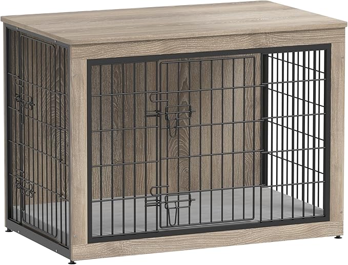Piskyet Dog Crate Furniture with Cushion,Heavy-Duty Reinforced Metal Mesh,38" Wooden Dog Crate End Table with Double Doors,Indoor Dog Kennel,Dog Cage Side Table for Large Breed,Grey