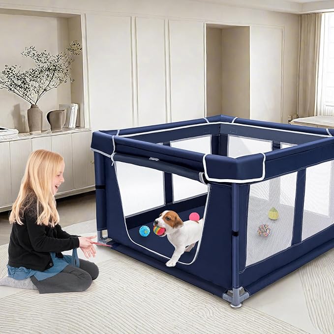 Pet Playpen 42 42 inch, 25 Height with Bottom, for Small Dogs & Animals, Indoor & Outdoor Play Yard with Zipper Door