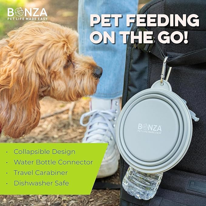 Bonza by Leash Boss Small Collapsible Dog Bowl, Sturdy Reinforced Rim, Includes Carabiner & Water Bottle Holder Keychain, Blue