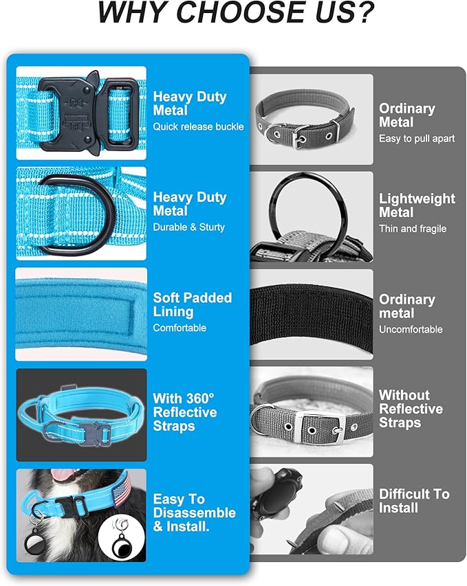 AUBELL Reflective Tactical Dog Collar with Handle, Heavy Duty Military Durable Thick Dog Collar with Metal Buckle Great for Medium Large Dogs, with Airtag Case and 2 Patches(Blue, M)