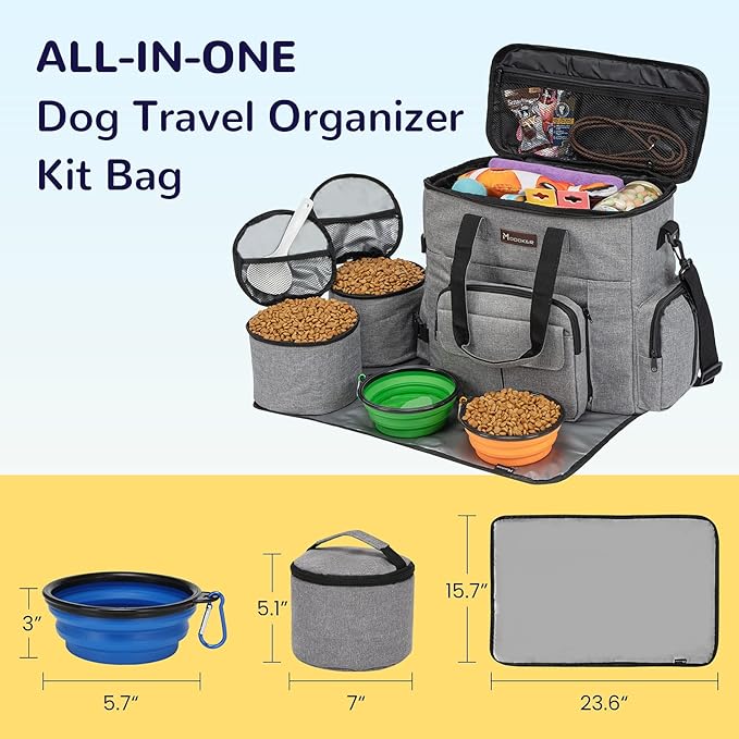 Modoker Dog Travel Organizer with 2 Collapsible Dog Bowls for Supplies & Accessories, Airline Approved Dog Tote Pet Travel Bag with 2 Travel Dog Food Container