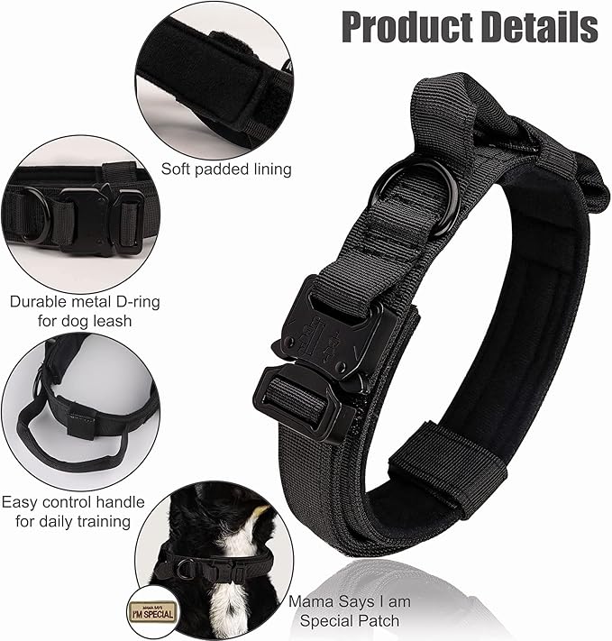 Tactical Dog Collar - KCUCOP Military Dog Collar with Handle - K9 Tactipup Thick Adjustable Heavy Duty Dog Collars for Medium and Large Dogs(Black-L)