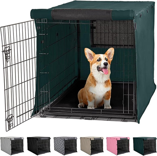 GORILLA GRIP Dog Crate Covers Compatible with Amazon Basics Dog Crates, All Sides Open, Privacy Cover Fits 30" Wire Kennel, Breathable Mesh Windows, Light Reducing Training Cage Topper, Hunter Green