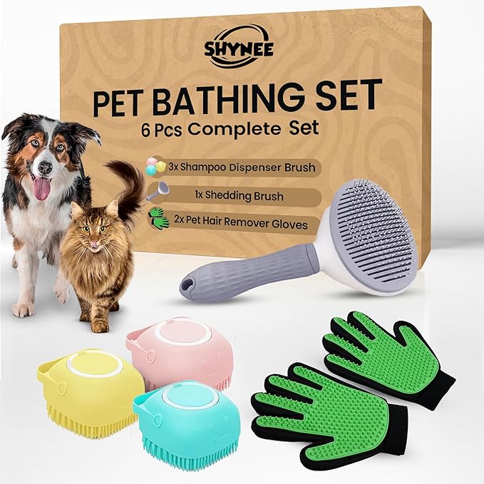 6 in 1 Dog Washing Kit for Dogs & Cats - Dog Bath Brush, Dog Shampoo Brush, Dog Scrubber for Bath, Dog Washing Gloves and Mittens for Short/Long Haired Dog/Cat - A Complete Grooming Kit for Your Pets