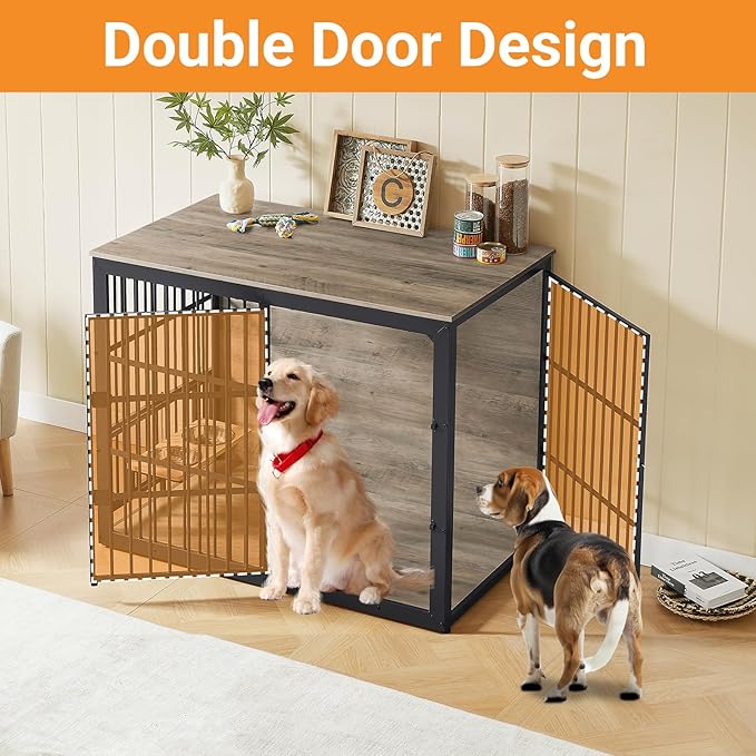 Dog Crate Furniture, 48 Inch Dog Kennel Furniture, Wooden 𝐃og Crate Furniture Large Breed with Rotating 𝘋og Bowls, Heavy Duty 𝗗og Cage Furniture Indoor,Decorative Dogs Crates End Table,Gray