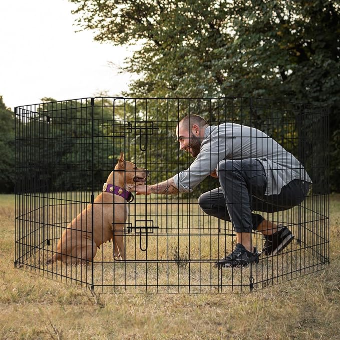 Dog Pen Pet Playpen Dog Fence Indoor Foldable Metal Wire Exercise Puppy Play Yard Pet Enclosure Indoor Outdoor 8 Panels 30 Inch with Bottom Pad/Top Cover(Black 30 top Cover)