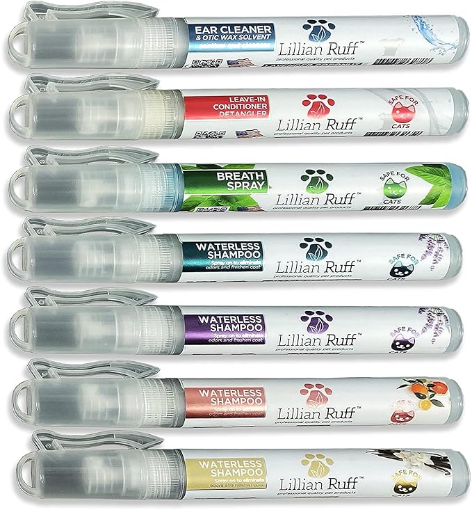 Lillian Ruff Travel Kit for Dogs | Dog Grooming Spray for Airline Travel, Dog Camping, Dog Beach | Deodorizing Waterless Dog Shampoo x4, Dog Breath Freshener, Dog Detangler Spray, Dog Ear Cleaner