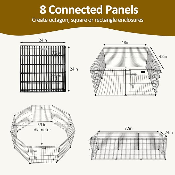 Metal Dog Fence for Camping, Foldable Cat Exercise Pens with Doors, Pet Playpen Puppy Play Pen Indoors Outdoors Temporary Fence,8 Panel 24" W x H