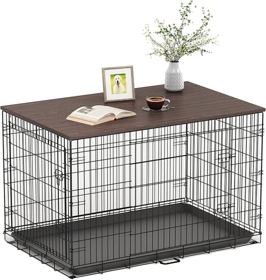 Piskyet Dog Crate Topper Wood Countertop for 48 42 36 30 24 inch Dog Cage, Dog Crate Cover,Dog Kennel Topper(Crate Not Include) (Walnut, for 42 Inch Crate)