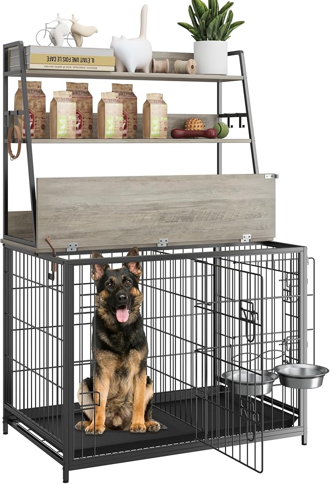 GAOMON Modern Dog Crate with Storage Shelves, Wooden Kennel with Removable Tray, Double Doors, Indoor Dog House with Two Adjustable Bowls, End Table Design, Grey