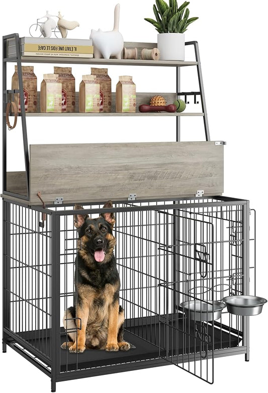 GAOMON Modern Dog Crate with Storage Shelves, Wooden Kennel with Removable Tray, Double Doors, Indoor Dog House with Two Adjustable Bowls, End Table Design, Grey