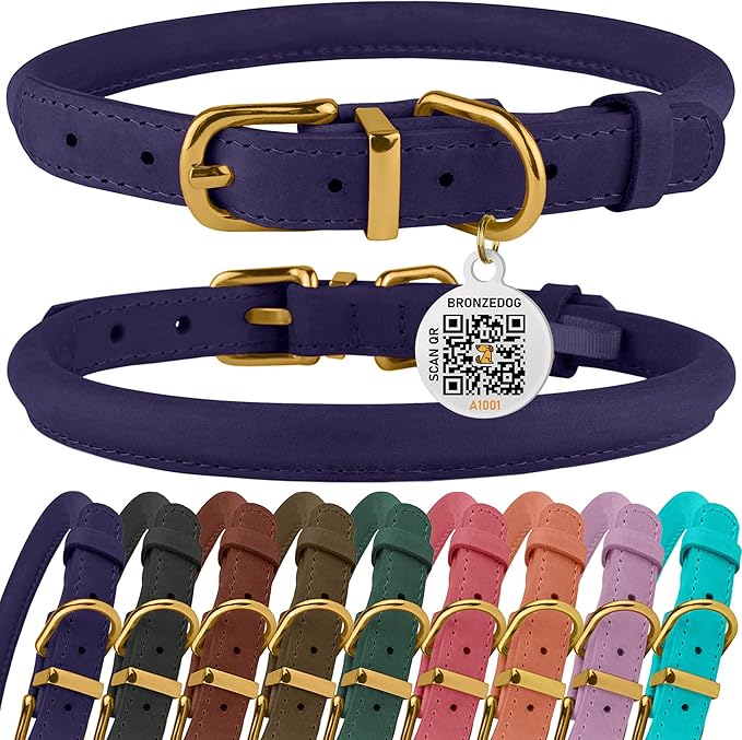 BRONZEDOG Rolled Leather Dog Collar with QR ID Tag Adjustable Soft Round Collars for Small Medium Large Dogs Puppy Cat (14" - 16" Neck Size, Violet)