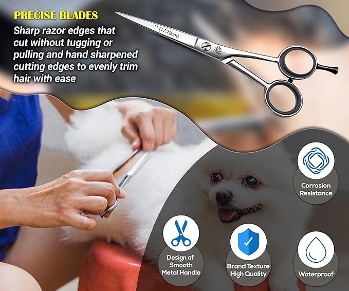 ARSUK Dog Grooming Scissors 7-Inch – Professional Pet Hair Cutting Shears for Dogs, Cats & Horses – Straight Stainless Steel Trimming Scissors with Rubber Grip & Finger Rest