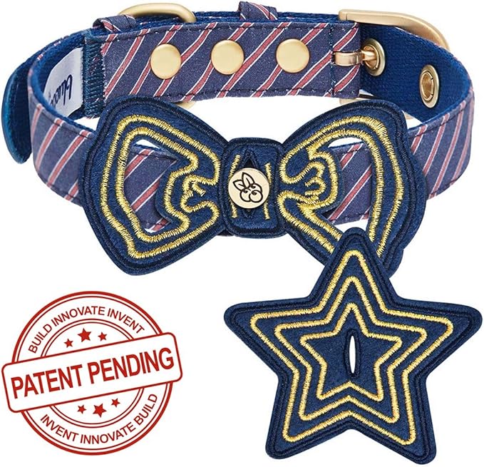 Blueberry Pet 2 Patterns Adjustable Dog Collar with Metal Buckle and 2 Detachable Bowtie - Blue Asymmetric Stripe, Neck 13-16.5", for Medium Breed