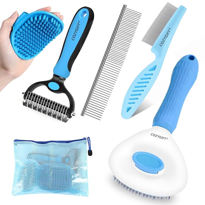 5 in 1 Dog Grooming Kit, Self Cleaning Slicker Brush for Shedding Short Long Haired Dogs & Cats, Includes Pet Comb, Flea Comb, Bath Brush, Undercoat Rake, Blue