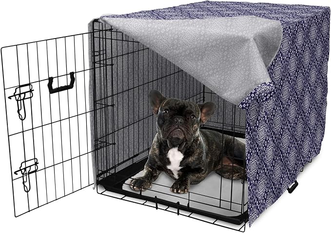 Lunarable Royal Blue Dog Crate Cover, Antique Moroccan Style Exotic Orient Inspired Ceramic Pattern Print Art, Easy to Use Pet Kennel Cover for Medium Large Dogs, 24 Inch, Indigo and White