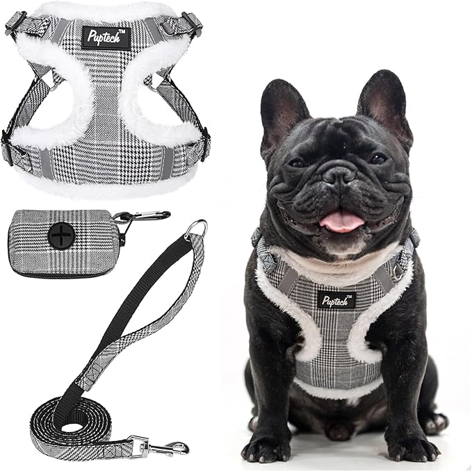 PUPTECK No Pull Dog Harness and Leash Set Reflective No Choke Step in Puppy Halter for XS Small and Medium Sized Dogs, Grey Plaid, Plush, L