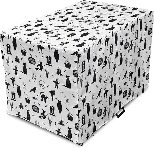 Lunarable Halloween Dog Crate Cover, Horror Pattern Tombstone Kitty Owl Voodoo Trick or Treat Pumpkin, Easy to Use Pet Kennel Cover for Medium Large Dogs, 36 Inch, Grey Black Charcoal