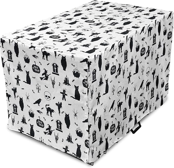 Lunarable Halloween Dog Crate Cover, Horror Pattern Tombstone Kitty Owl Voodoo Trick or Treat Pumpkin, Easy to Use Pet Kennel Cover for Small Dogs Puppies Kittens, 22 Inch, Grey Black Charcoal