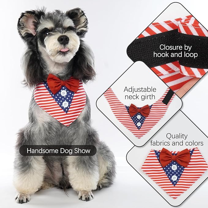 FUAMEY Independence Day Dog Scarfs 4th of July American Flag Dog Tuxedo Triangle Bibs with Bow Tie XS