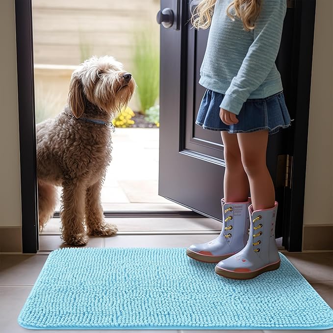 OLANLY Dog Door Mat for Muddy Paws 48x30, Absorbs Moisture and Dirt, Absorbent Non-Slip Washable Mat, Quick Dry Chenille, Mud Mat for Dogs, Entry Indoor Door Mat for Inside Floor, Blue