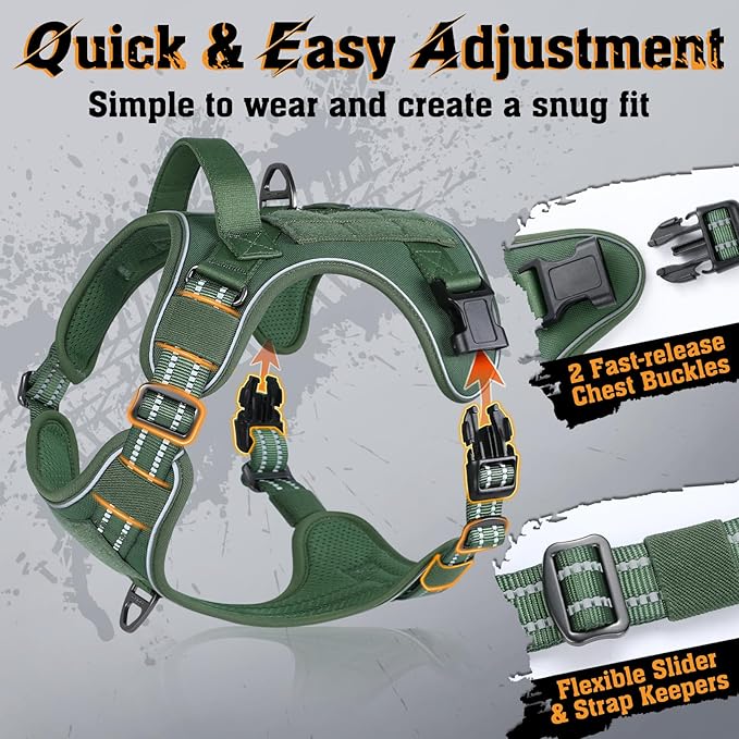 rabbitgoo Dog Harness Small Sized No Pull, Tactical Service Dog Vest with Molle and Control Handle, Adjustable and Reflective Military Pet Harness for Easy Walking and Training, Green, S
