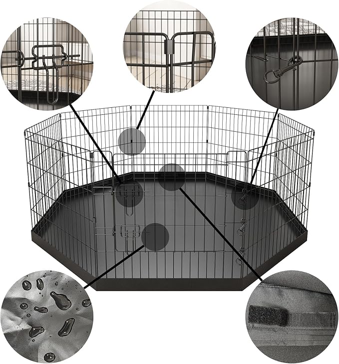 Artmeer Pet Playpen Puppy Playpen Kennels Dog Fence Exercise Pen Gate Fence Foldable Dog Crate 8 Panels 24 Inch for Pet Animals Outdoor Indoor with Bottom Pad (Black with Bottom pad)