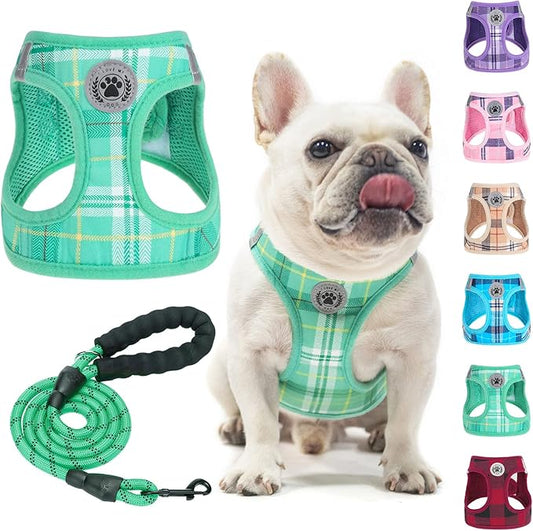 BEAUTYZOO Small Dog Harness and Leash Set,Step in No Chock No Pull Soft Mesh Dog Harnesses Reflective for Extra-Small/Small Medium Puppy Dogs and Cat, Plaid Dog Vest Harness for XS S Pets,Turquoise XL