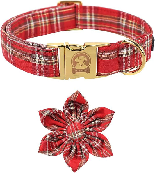 MR. CHUBBYFACE Christmas Red Plaid Dog Collar with Flower, Cotton Christmas Collar with Metal Buckle, Boy Girl Dog Collars for Small Medium Large Dogs