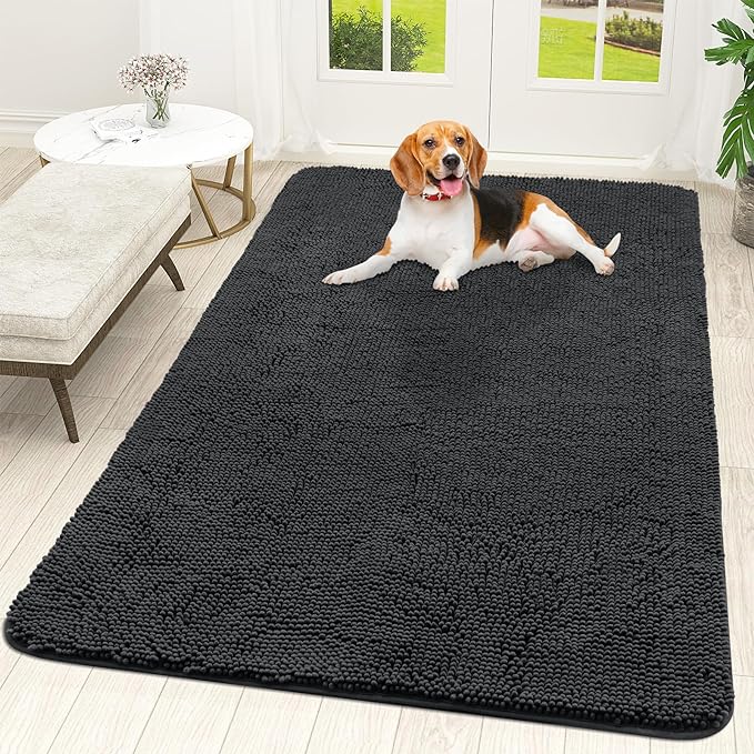 OLANLY Dog Door Mat for Muddy Paws 59x35, Absorbs Moisture and Dirt, Absorbent Non-Slip Washable Mat, Quick Dry Chenille, Mud Mat for Dogs, Entry Indoor Door Mat for Inside Floor, Dark Grey