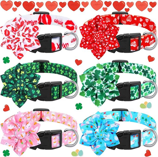 6 Pcs Valentine's Day Dog Collar with Flower Adjustable Valentine's Day Loving Heart Printed Collar for Dogs Holiday Safety Buckle Nylon Dog Collar for Female Male Small Medium Large Pet Dogs(Large)