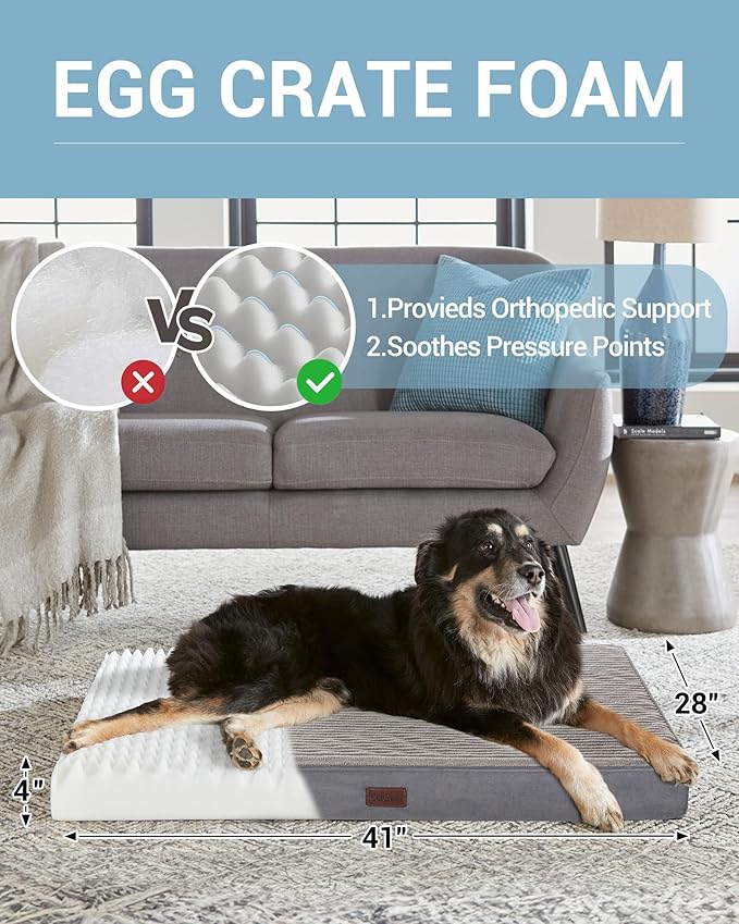 OhGeni 41 Inch Orthopedic Waterproof & Machine Washable Dog Bed with Egg Crate Foam Support, Non-Slip Bottom and Removable Pet Bed Cover for Extra Large, Large, Medium, Small Dogs (Gray)