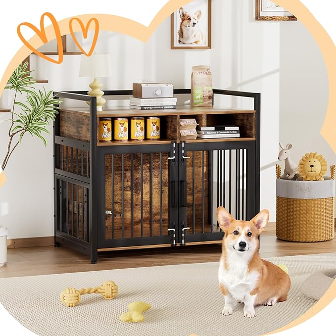 Dog Crate Furniture, Large Dog Cage with 2 Open Storage Shelves, 41 Inch Dog Kennel with Adjustable Raised Feeders, Indoor Heavy Duty Metal End Table Dog Crate for Large/Medium Dogs