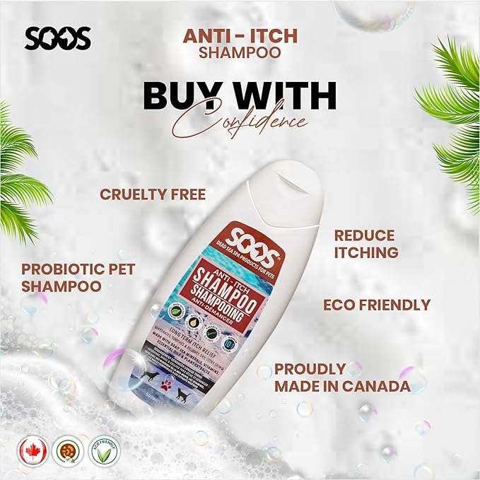 Soos Pet Anti-Itch Shampoo for Dogs and Cats - Natural Dead Sea Fast Absorbing - Clean Fur with Vitamins Minerals Essential Oils Natural Ingredients - 500ml
