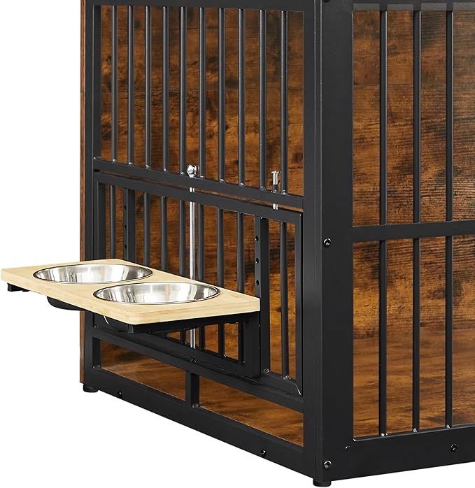Dog Crate Furniture, 48 Inch Dog Kennel Furniture, Wooden Dog Crate Furniture Large Breed with Rotating Bowls, Heavy Duty Dogs Cage Furniture Indoor, Decorative Crates End Table, Brown