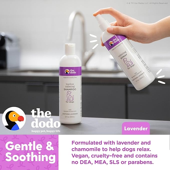 The Dodo Calming Shampoo & Spray for Dogs Twin Pack; 12oz Calming Dog Shampoo + 12oz Calming Dog Spray with Lavender and Chamomile; Vegan, Cruelty-Free, No DEA, MEA, SLS or Parabens